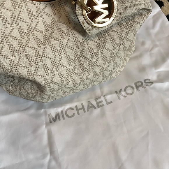 MICHAEL KORS Cream Logo Slouchy Shoulder Tote Bag Brown Leather & Gold Chains - Picture 4 of 12